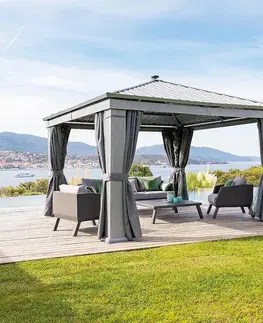 DEOKORK Záhradný hliníkový altánok PREMIUM 3,9 x 3,9 m (sivá) + závesy