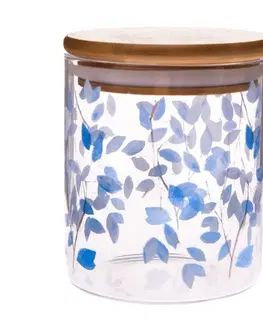 Sklenená dóza s bambusovým viečkom Modré kvety, 440 ml, S