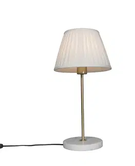 Retro stolná lampa mosadz s plisovaným tienidlom bielym 25 cm - Kaso