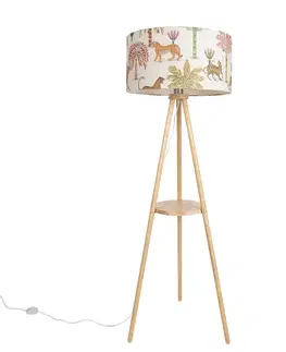Drevená stojacia lampa s trojnožkou s viacfarebným tienidlom so zvieracou potlačou 50 cm - Lou