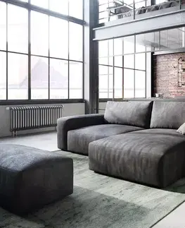 DELIFE Rohová pohovka Lanzo 230x155 cm imitácia kože vintage antracitová ležadlo variabilné s taburetom