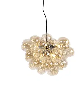 Art Deco závesné svietidlo čierne s jantárovým sklom 8-žiarovkové - Uvas