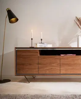 DELIFE Komoda Stonegrace 175 cm akácia hnedá kamenná dyha 4 dvierka 1 priehradka podstava v tvare V čierna