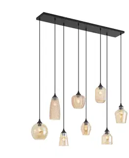 Art Deco závesná lampa čierna s jantárovým sklom 8-Lights - Hanne
