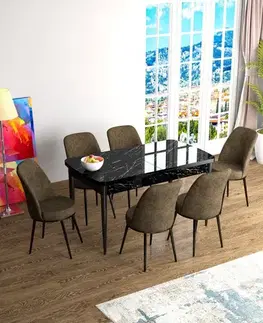 Extendable Dining Table & Chairs Set (7 Pieces) Han - Black Marble, Brown