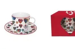 Porcelánová šálka s podšálkou Farebné srdcia malé 220 ml