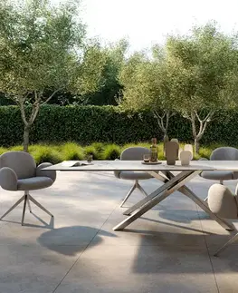 DELIFE Záhradný jedálenský stôl Edge 300x100 cm keramika Calacatta Luxe bielo-zlato-šedá krížová podstava obdĺžnik nerezová oceľ