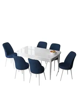 Extendable Dining Table & Chairs Set (7 Pieces) Zen - White, Navy Blue