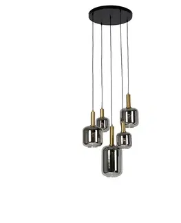 Závesná lampa čierna so zlatom a dymovým sklom vrátane 5 PUCC - Zuzanna