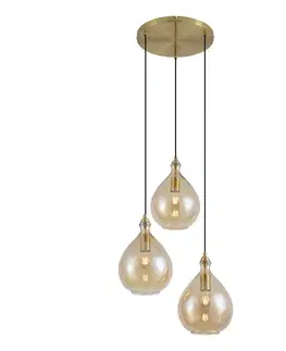 Smart hanglamp goud met amber glas 3-lichts incl. Wifi A60 - Traditional