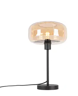 Art Deco stolná lampa čierna s jantárovým sklom - Bizle
