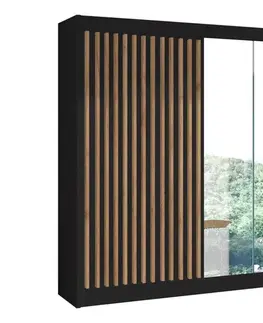 Šatníková skriňa so zrkadlom SANTINO 203x215x61 cm čierna/dub craft LADDER 203  Czarny/Lamele dąb craft
