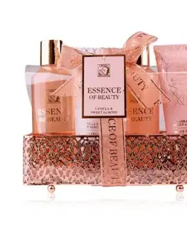 Set kúpeľový ESSENCE OF BEAUTY v kovovej vaničke, vr. 160 ml gél sprchový, 160 ml pena do kúpeľa, 75 ml mlieko telové, 75 ml peeling telový, vôňa: vanilka a sladká mandľa
