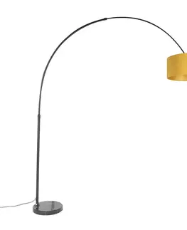 Oblúková lampa čierna s plyšovým tienidlom okrový žltý so zlatom 50 cm - XXL
