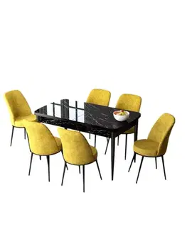 Extendable Dining Table & Chairs Set (7 Pieces) Zen - Black Marble, Mustard