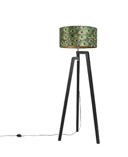 Stojaca lampa trojnožka čierna s tienidlom s motívom páva 50 cm - Puros