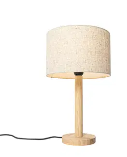 Rustikálna stolná lampa drevená s ľanovým tienidlom béžová 25 cm - Mels