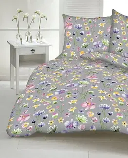 Obliečky bavlnené Poľné kvety sivé TiaHome - 1x Vankúš 90x70cm, 1x Paplón 140x200cm