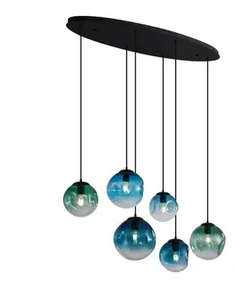 Art Deco závesná lampa čierna s oválnou stropnou doskou a zeleným a modrým sklom 6-svetiel - Douglass