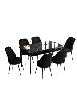 Extendable Dining Table & Chairs Set (7 Pieces) Han - Black Marble, Black
