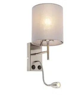 Moderná nástenná lampa oceľ s sivým bavlneným tienidlom - Stacca