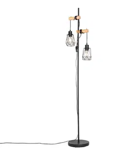 Rustikálna stojaca lampa čierna s drevom 2-svetlo s tienidlom - Dami Frame
