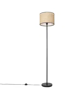 Rustikálna stojaca lampa čierna s ratanovým tienidlom - Kata