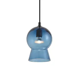 Retro závesná lampa čierna s modrým sklom pre 1-fázový koľajnicový systém - Iconic Bell