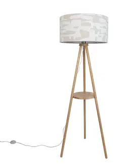 Drevená stojacia lampa s trojnožkou s bielym a béžovým pruhovaným tienidlom 50 cm - Lou
