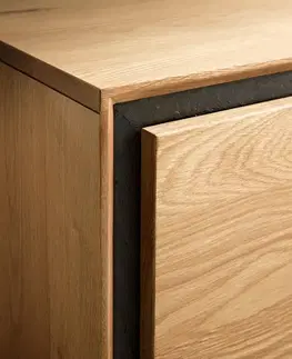 DELIFE TV stolík Stonegrace 240 cm dub prírodný 2 dvierka 1 priehradka 2 zásuvky kamenná dyha podstava v tvare V nerezová oceľ