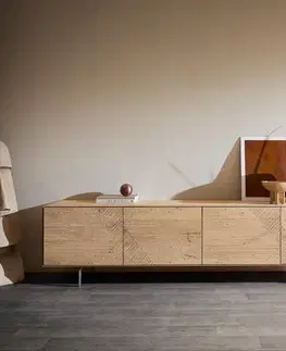 DELIFE TV stolík Tereos 220 cm dub prírodný 3D efekt 4 dvierka podstava v tvare L nerezová oceľ kefovaná