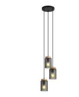 Moderné závesné svietidlo čierne s drevom a matným sivým sklom 3-Lights - Umbra