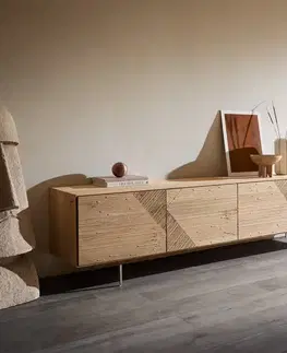DELIFE TV stolík Tereos 220 cm dub prírodný 3D efekt 4 dvierka podstava v tvare L nerezová oceľ kefovaná