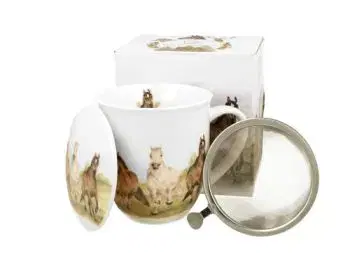Porcelánový hrnček so sitkom a krytom Cválajúce kone 400 ml