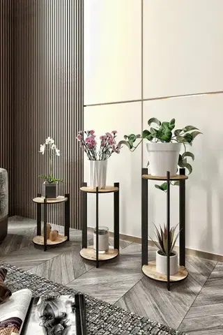 Wooden Plant Stand Flower Desk Round - Oak