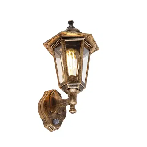 Klasická vonkajšia nástenná lampa starožitné zlato s pohybovým senzorom - New Haven