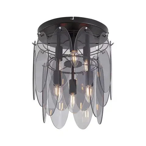 Art Deco plafondlamp zwart met smoke glas ovaal 6-lichts - Mochan