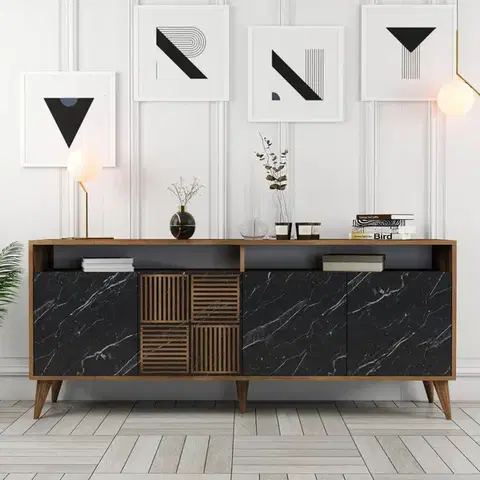 Konzolový stolík Milan - Walnut, Black Marble