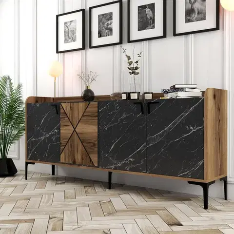 Konzolový stolík Venedik - Walnut, Black Marble