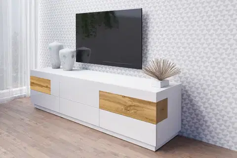 SELINKA 40 TV stolík 6 šuplíkový, biely lesk/dub wotan