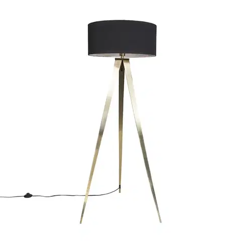 Moderná stojaca lampa mosadz s čiernym tienidlom - Ilse