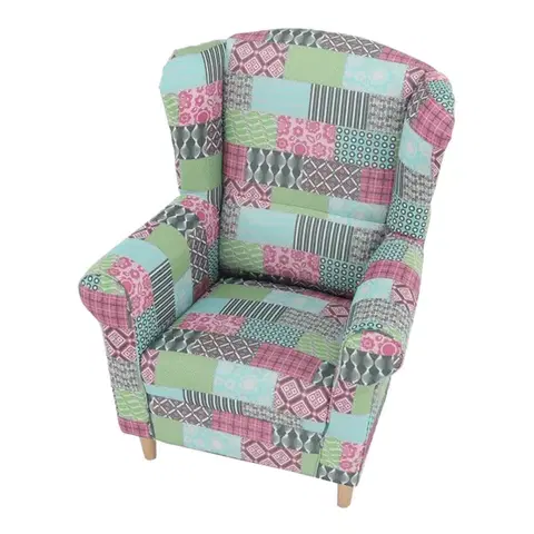 KONDELA Charlot kreslo (ušiak) vzor patchwork M1