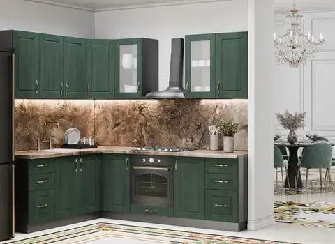 BARDIS rohová vintage kuchynská linka z MDF, zelená/antracit