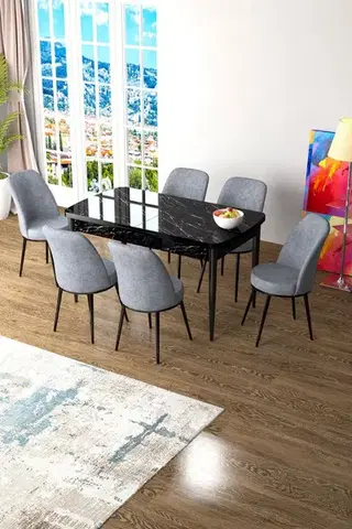 Extendable Dining Table & Chairs Set (7 Pieces) Zen - Black Marble, Grey