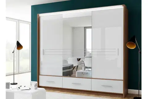 HOLAND šatníková skriňa so zrkadlom 250L biely lesk
