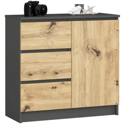 Komoda JERRY K 80 cm 1 dvere 3 zásuvky grafitovo sivá/dub artisan