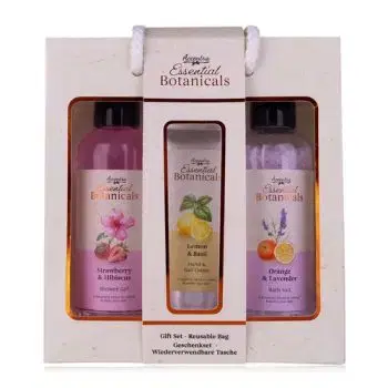 Set kúpeľový ESSENTIAL BOTANICALS v opakovane použiteľnej darčekovej taške, sprchový gél 200ml (vôňa: jahoda a ibištek), soľ kúpeľová 230g (vôňa: pomaranč a levanduľa), Krém na ruky a nechty 60ml (vôňa: citrón a bazalka)