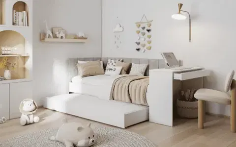 ArtBed Detská posteľ FREYA s prístelkou a so stolíkom | biela / sivá (Amber 802) 90 x 200 cm