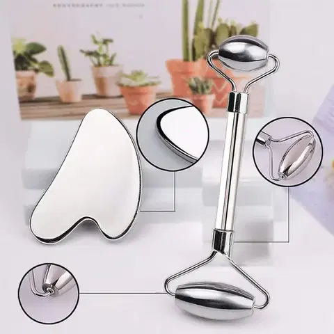 Masážna kovová súprava Face roller a Gua Sha inSPORTline Comesta Set