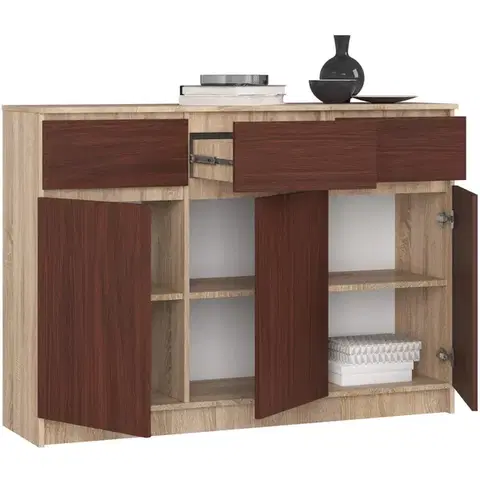 Komoda Karolína 140 cm 3 skrinky a 3 zásuvky / dub sonoma/wenge